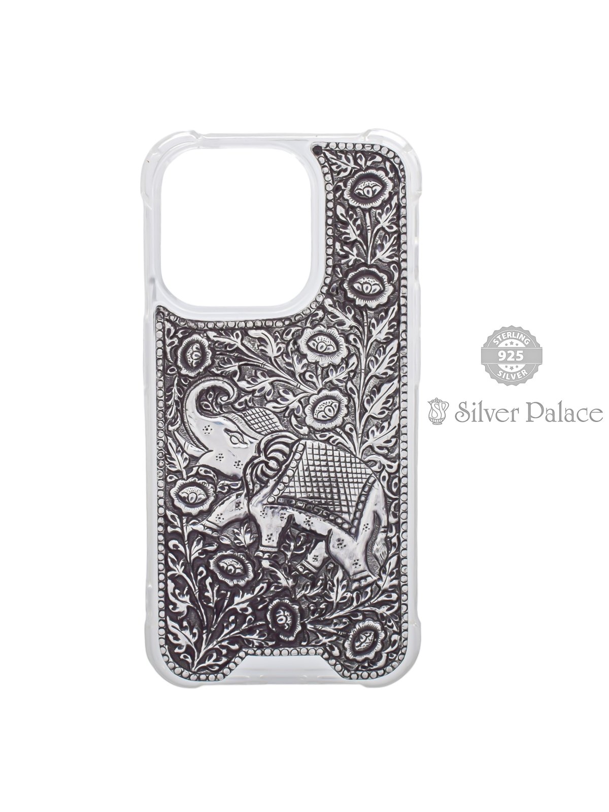 925 STERLING SILVER ELEPHANT ENGRAVING PHONE CASE FOR IPHONE 15 PRO