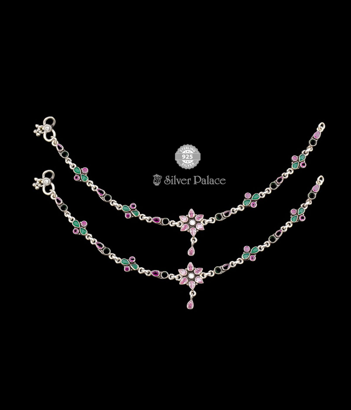 925 Sterling Silver Neeth Collection Multi Color Stone Studded Anklet For Ladies 