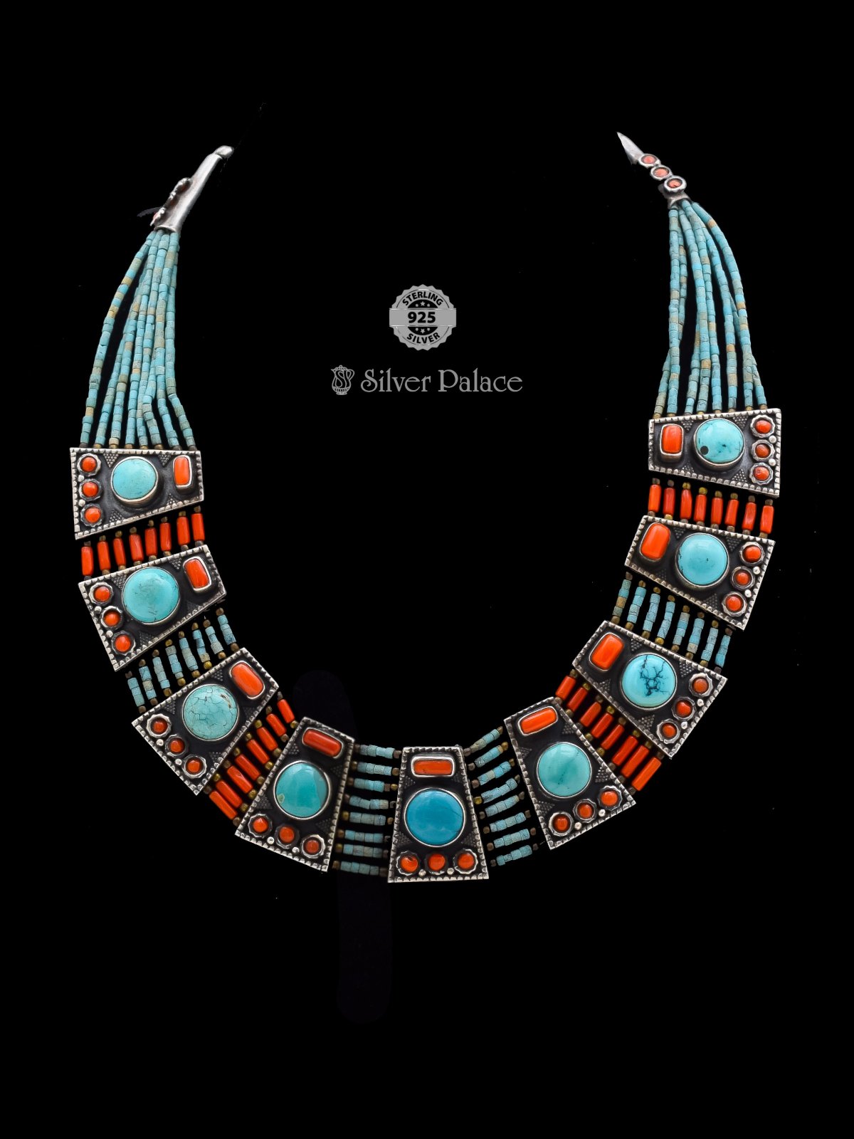 925 Oxidised Silver Turquoise Coral Tribal Necklace For Women Mannj  Collection