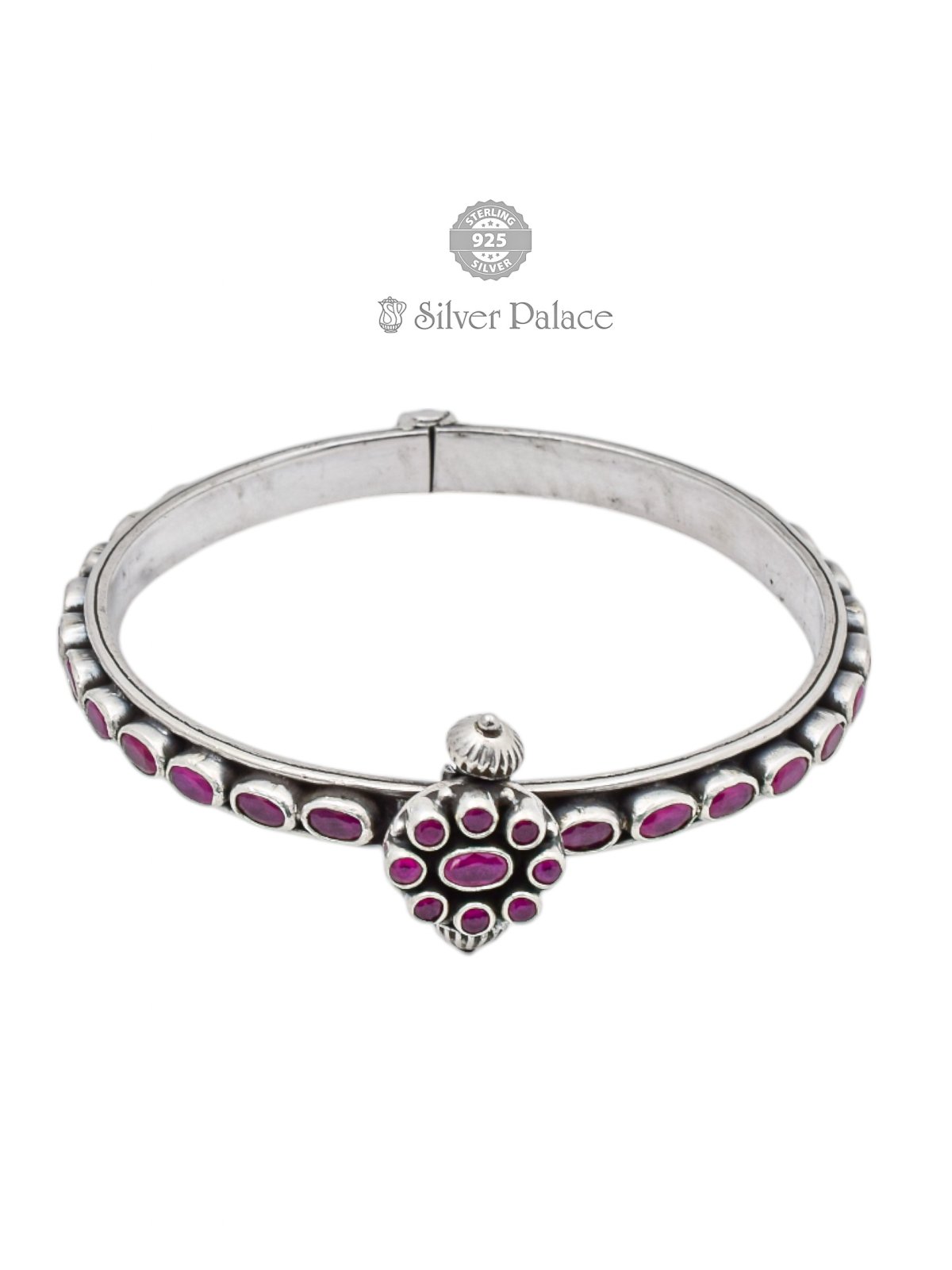  925 Oxidised Silver Pink Stone Floral Kada For Women Mannj Collection