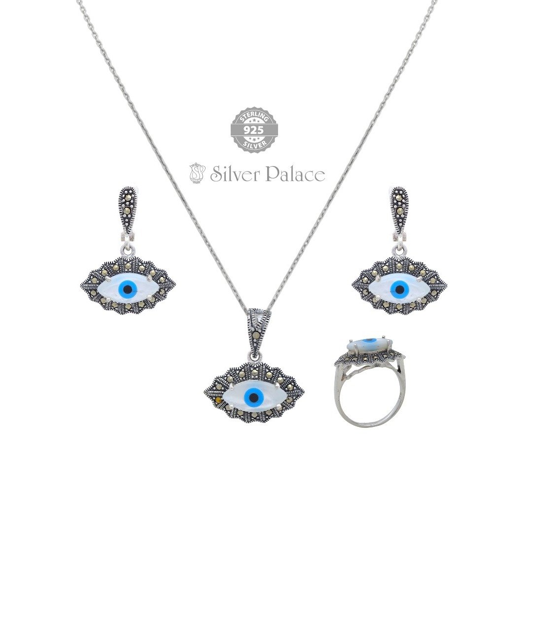 92.5 Sterling Silver Prite' Collections Evil Eye Design Marcasite Pendant Sets For  Function Uses