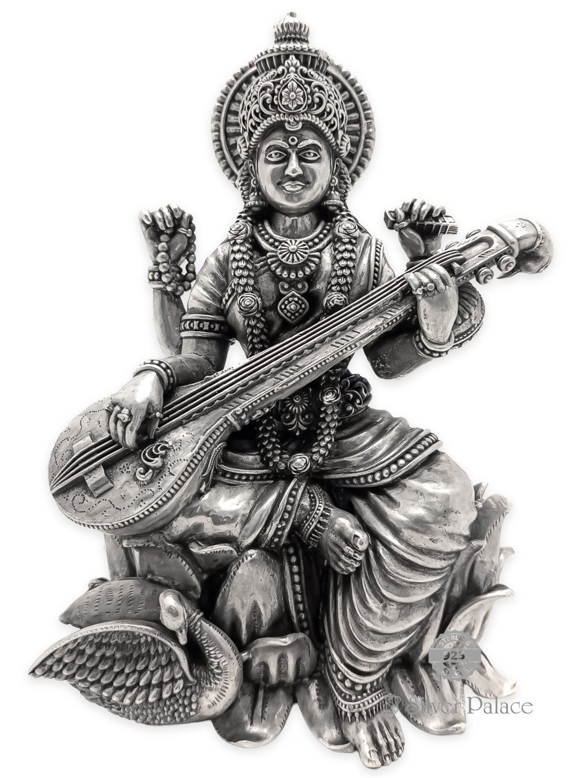 92.5 OXIDISED Silver Saraswati God STATUE  Murti for Home Decor, Pooja Room, Office, Home