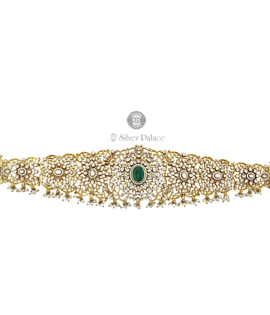 92.5 Silver With Gold Polish Two tone CZ Emerald White Pearl Waist Band for Womens
