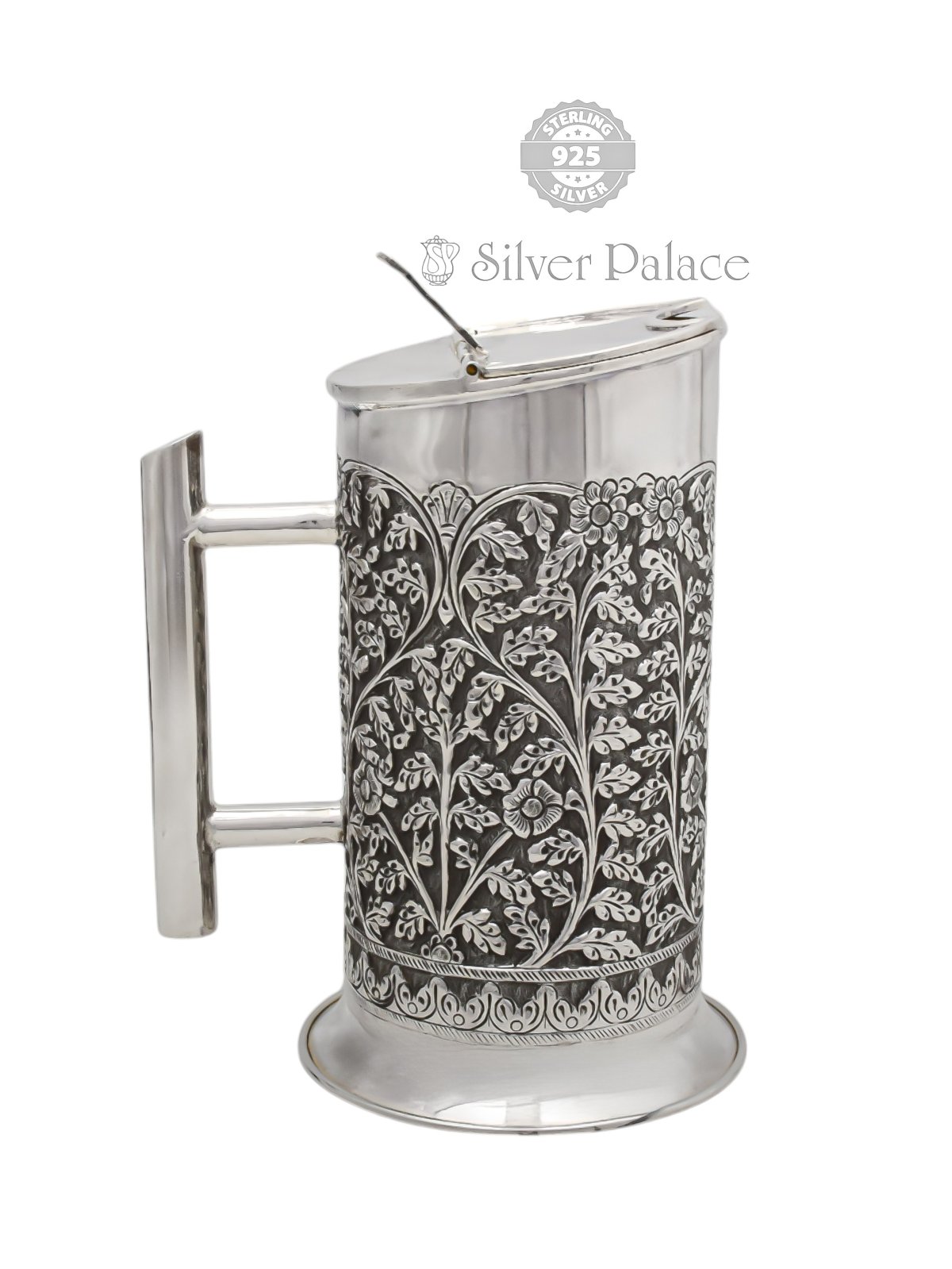 925 Oxidised Silver Handcrafted Floral Engraved Mug with Lid & Handle.
