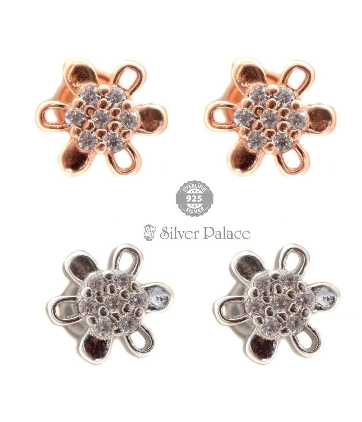 925 Silver Round Solitaire Flower Design Studs Earrings for Women & Girls