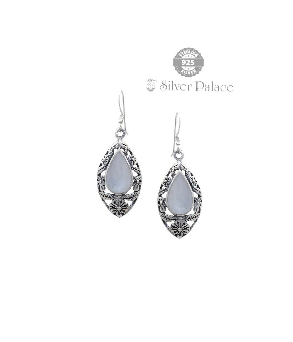 Trishe Collection With Mother of Pearl Ornate Scroll Work 925 Sterling Silver Dangle Hook Earrings