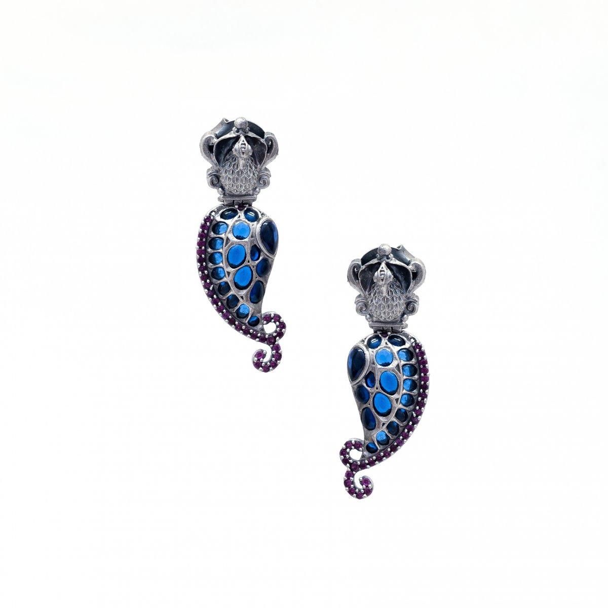 OXIDISED PURE SILVER TRADITIONAL BLUE EARRINGS 