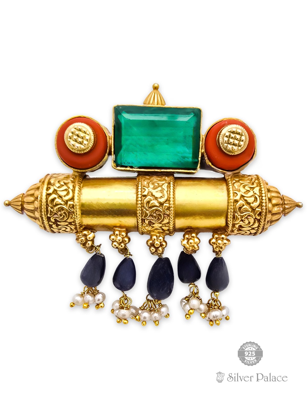 925 SILVER GOLD POLISHED GREEN STONE WITH BEADS DESIGN PENFANT FOR WOMEN ANITE COLLECTION 