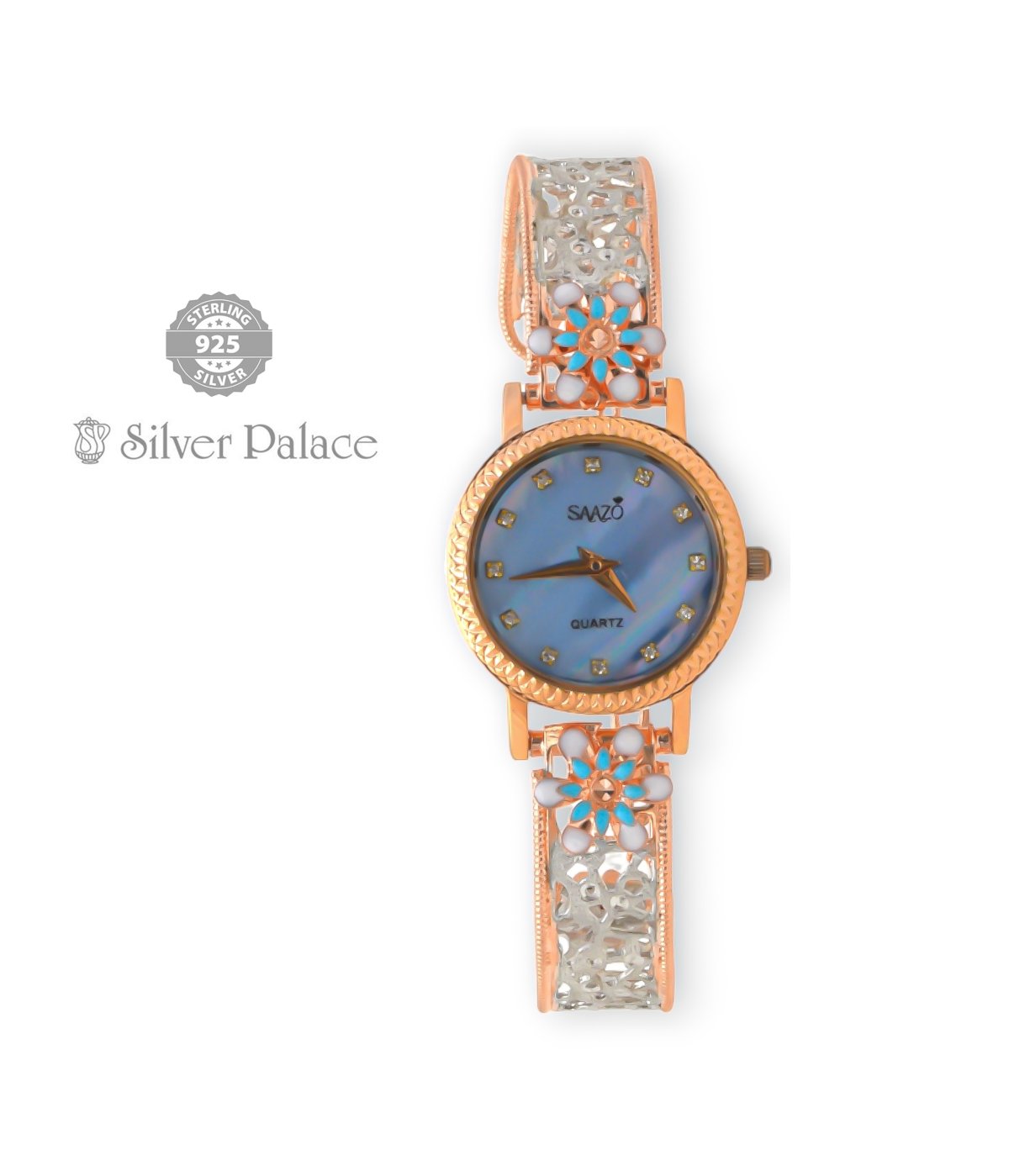 Sheya Collections 92.5 Silver With Rose Gold & White , Blue Enamel Flower Design Strap  Watch For Girls