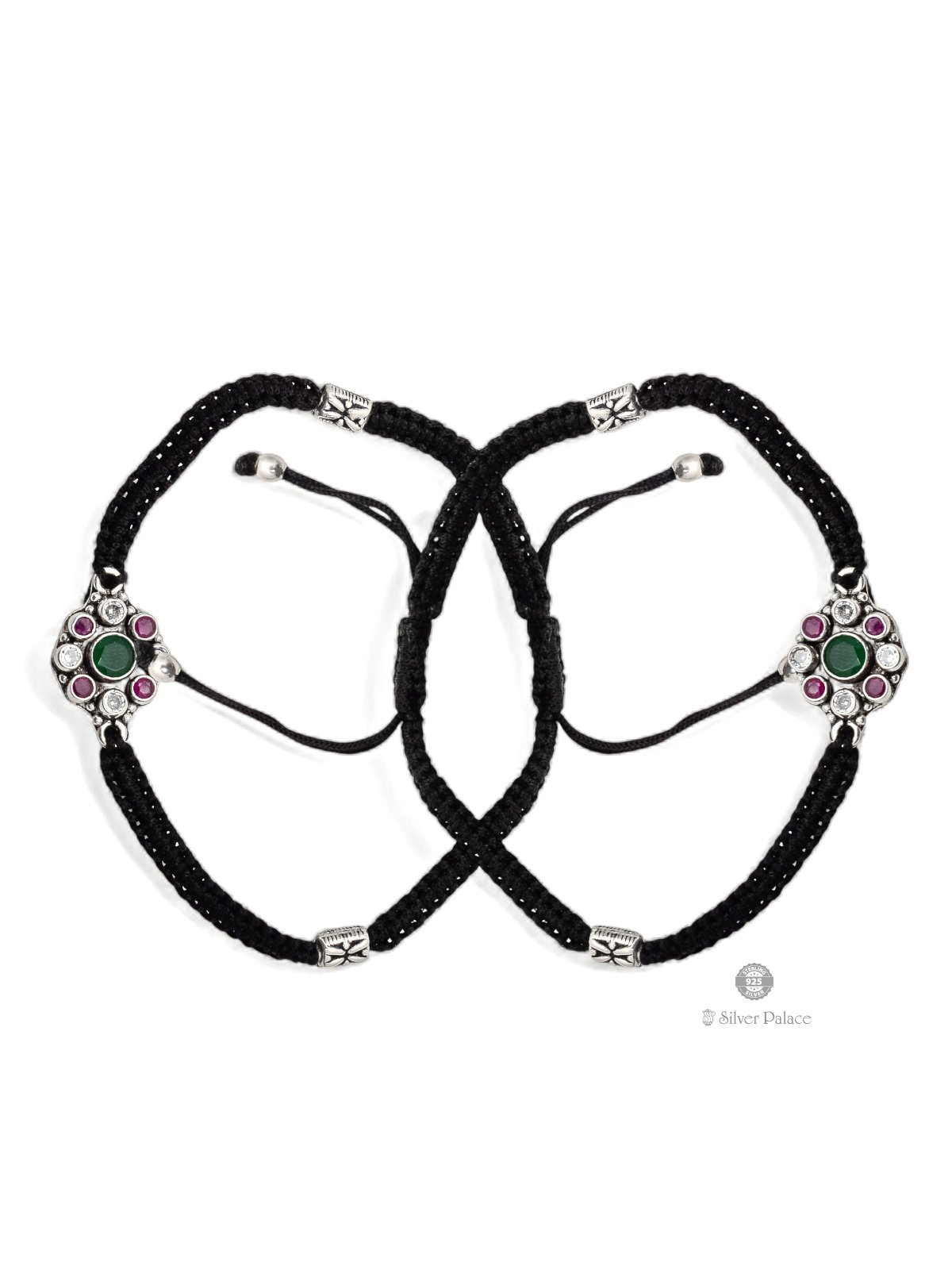 925 SILVER FLORAL DESIGN STONES WITH BLACK THREAD ANKLET FOR GIRLS 