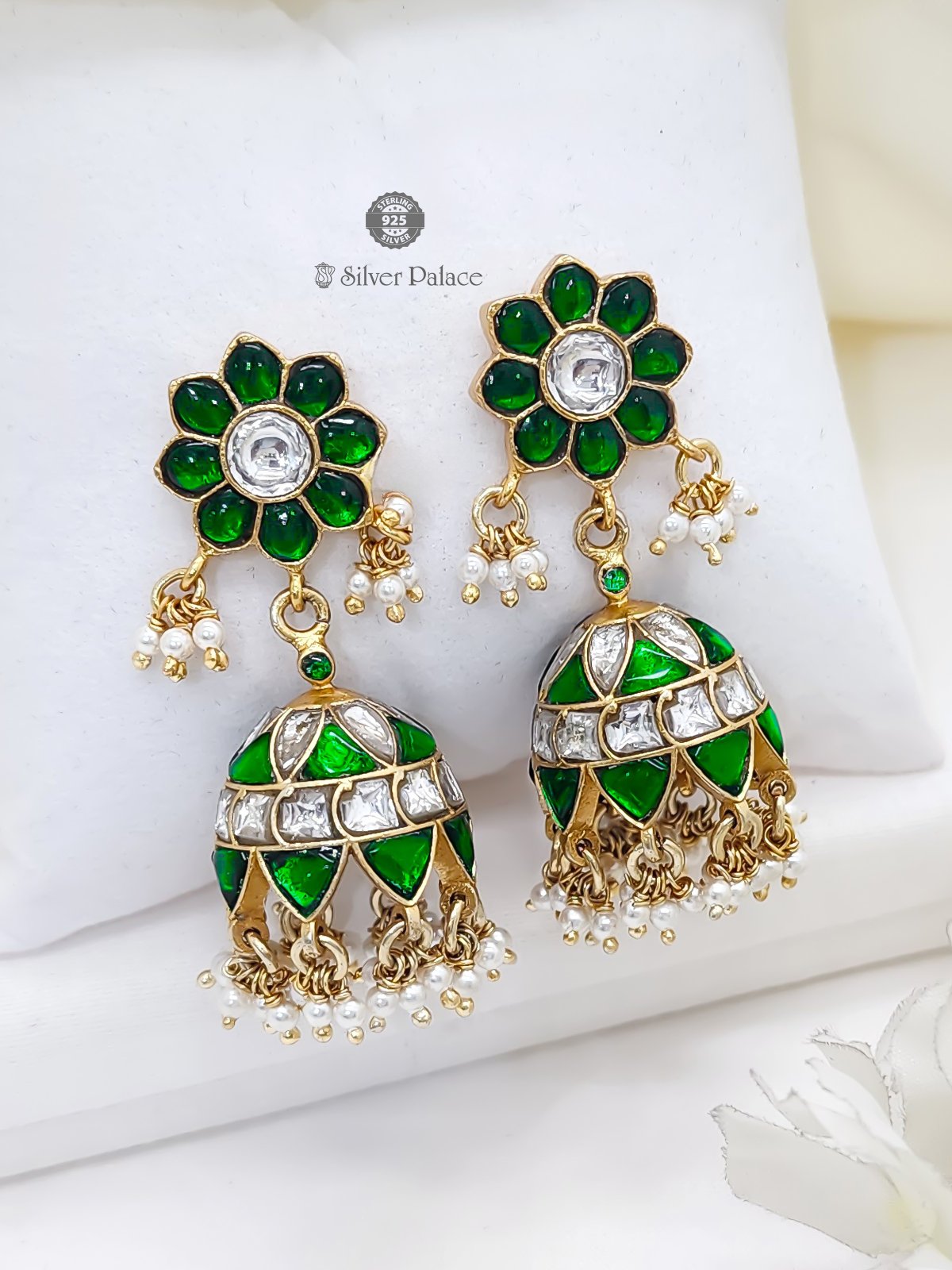 92.5 SILVER ANTIC GOLD POLISH GREEN STONE EARRINGS FOR WOMEN ANITE COLLECTIONS