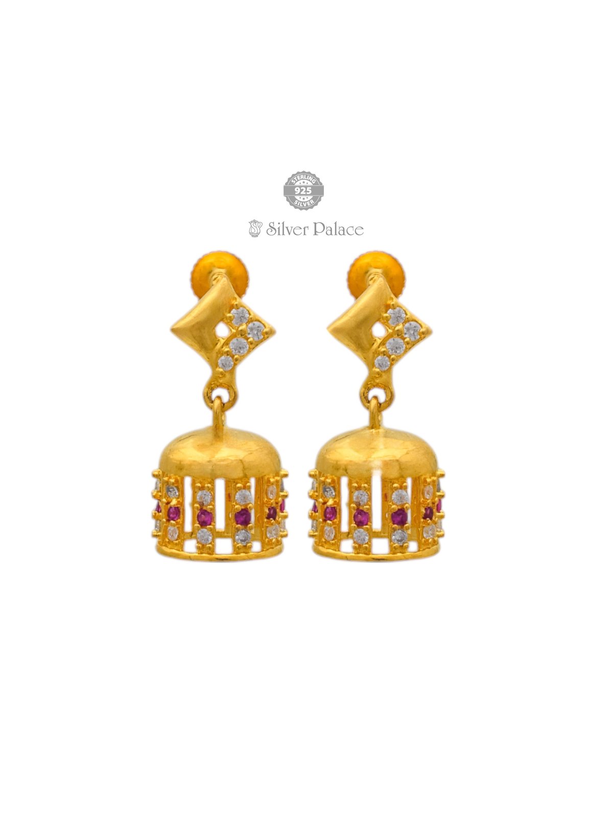 925 SILVER GOLD POLISH PINK STONE JHUMKA FOR GIRLS ANITE COLLECTION 