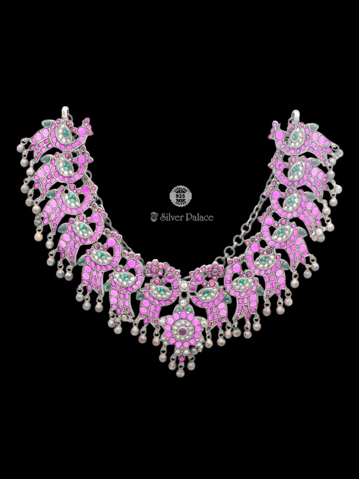 92.5 OXIDIZED SILVER MANNJ COLLECTION TRADITIONAL PARTY PINK SPINEL NECKLACE 
