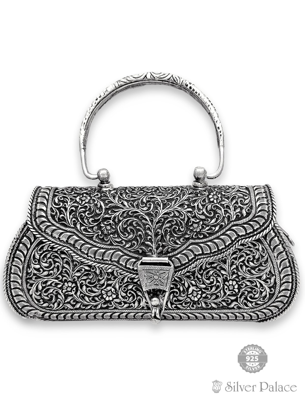 925 OXIDISED SILVER FLORAL NAGAS DESIGN PURSE FOR WOMEN 