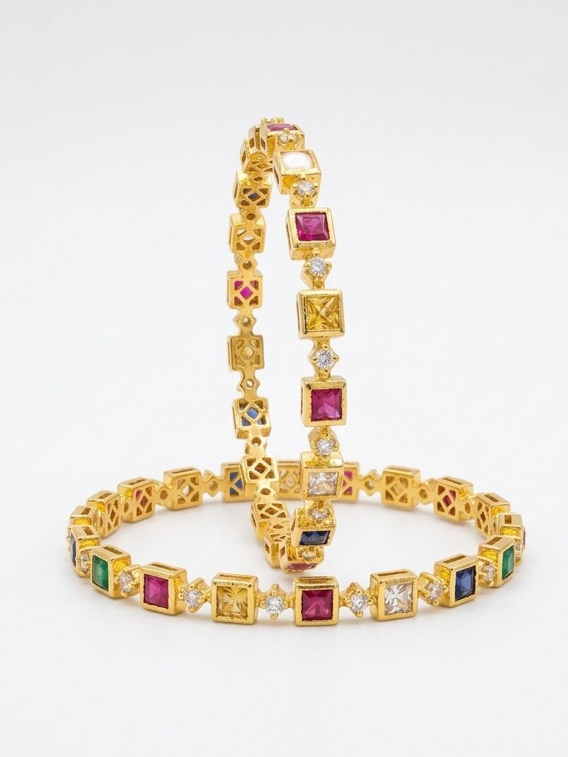 92.5 STERLING SILVER ANITE COLLECTION GOLD POLISHED NAVARATNA STONE BANGLE FOR WOMEN 