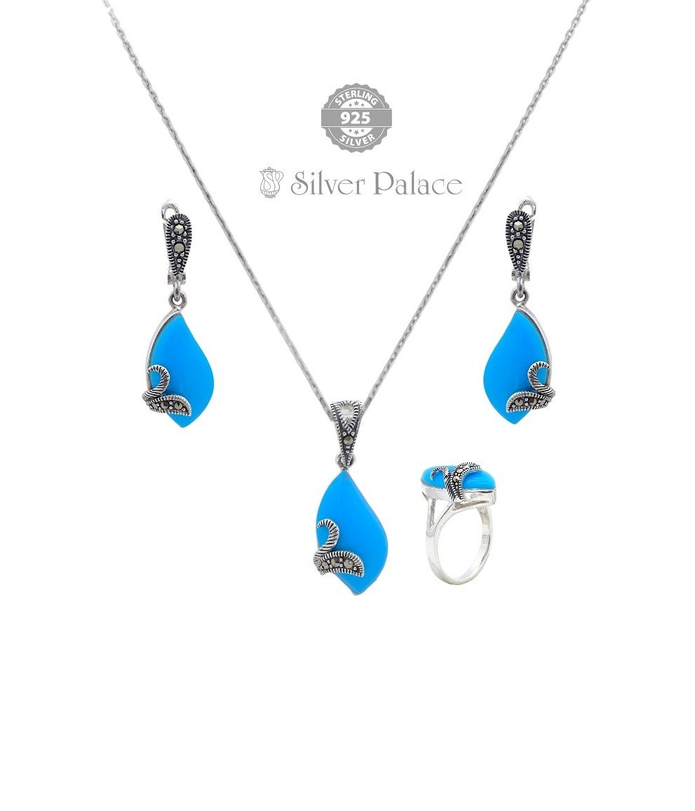 92.5 Sterling Silver Prite' Collection Turquoise & Marcasite Pendant Sets For Evening Party