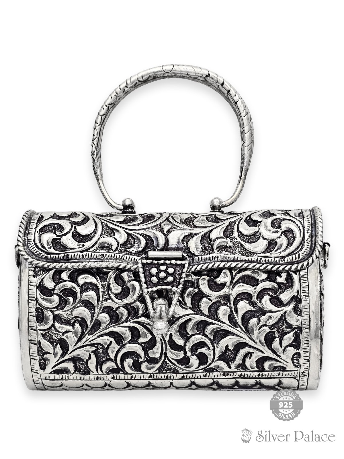 925 OXIDISED SILVER FLORAL ENGRAVING PURSE FOR LADIES