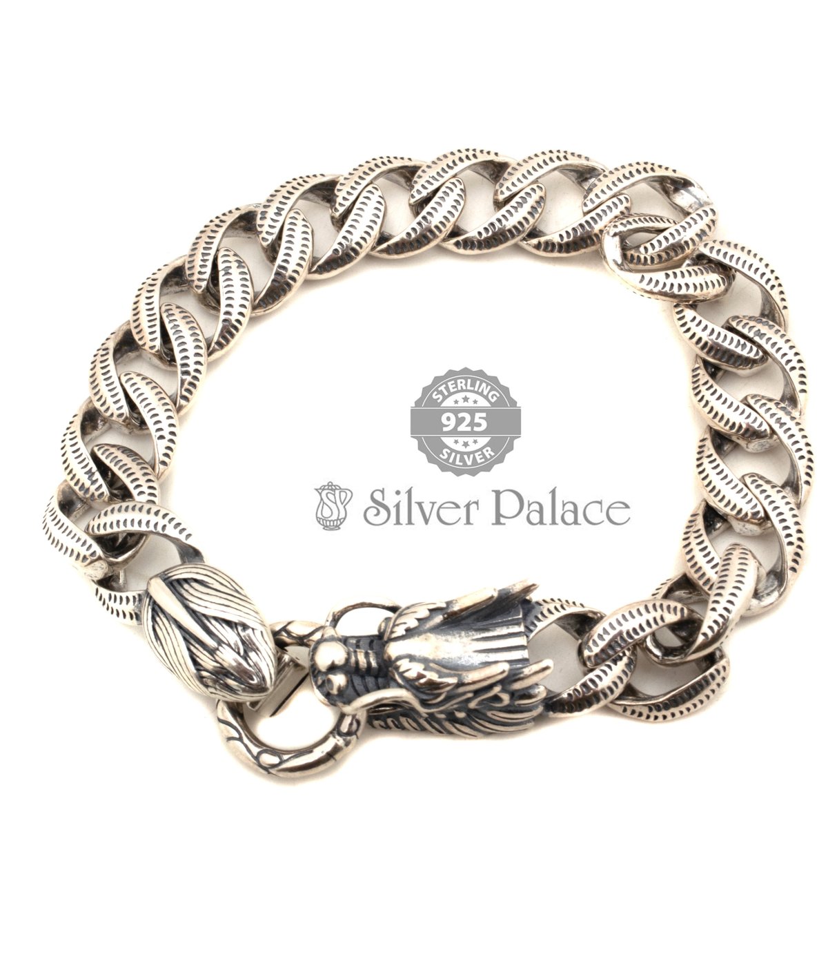  92.5 Silver Oxidized Plated Dragon Head Fashion Bracelet Men’s Jewelry