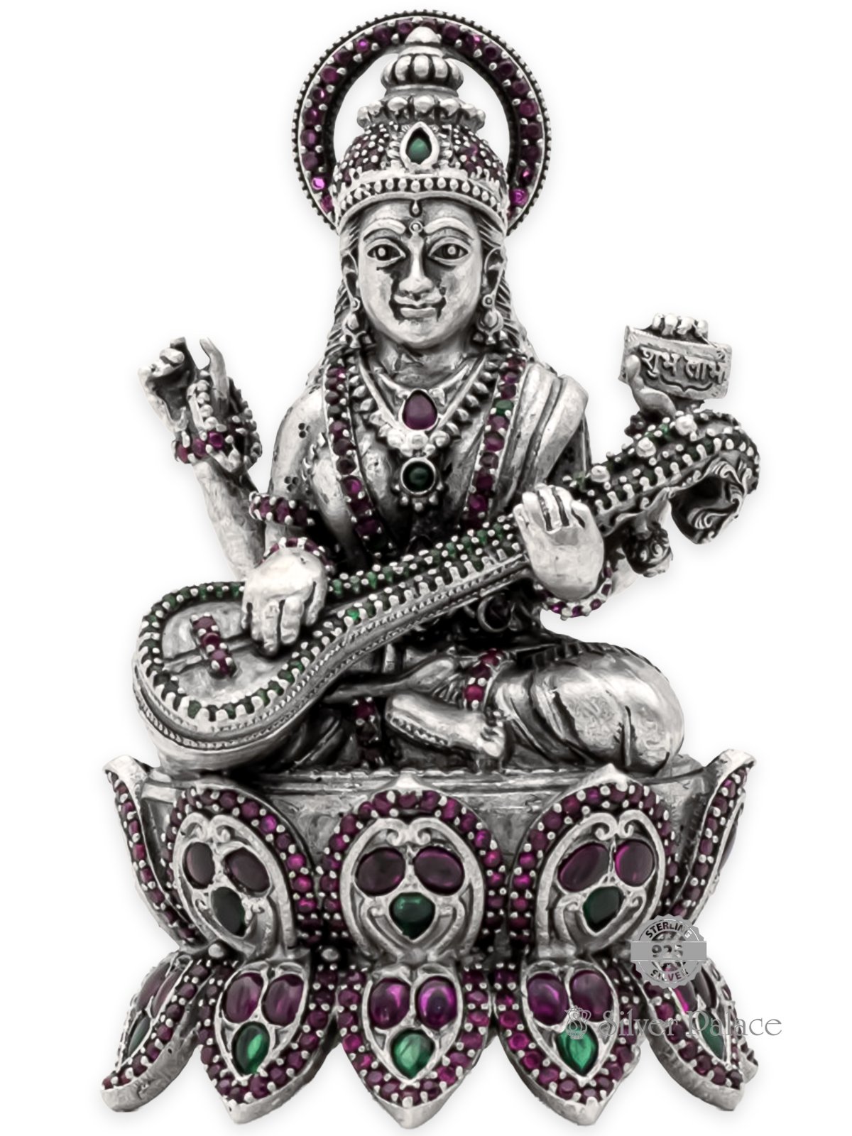 ANTIC FINISH 925 SILVER SARASWATI  IDOL  WITH RUBY EMERALD 