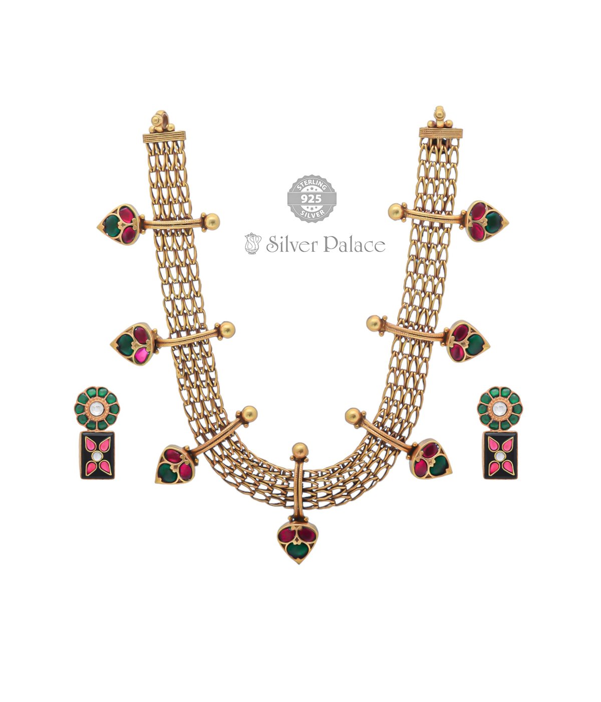 TRADITIONAL WITH PINK,GREEN STONE STUDED & GOLD POLISH LONG NECKLACE FOR PRINCESS