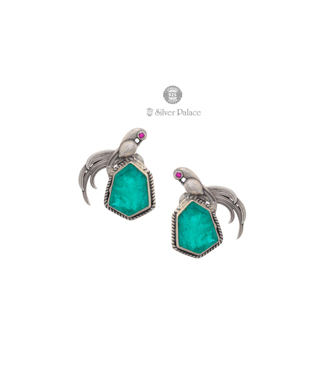 Sheya Collections 92.5 Silver green stone parrot contemporary earrings for women