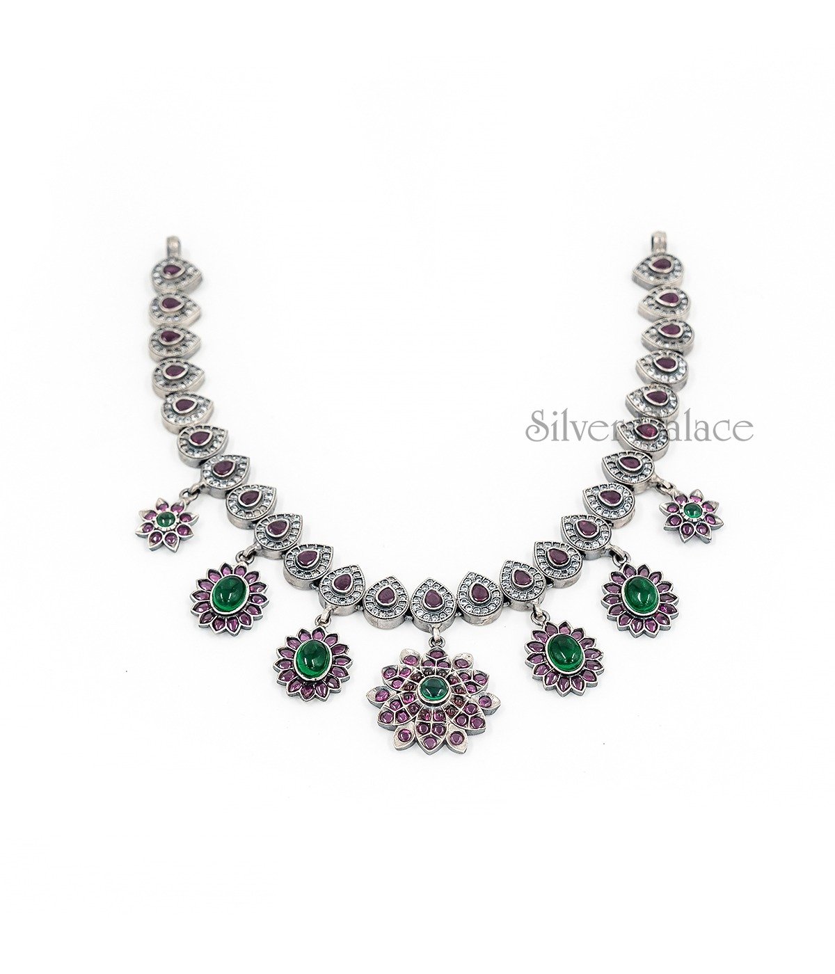 OXIDISED SILVER FLORAL DESIGN RUBY STUDDED NECKLACE