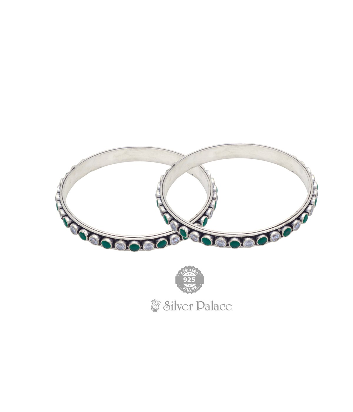 92.5 OXIDISED SILVER BANGLES WITH GREEN & WHITE STONES FOR WOMEN NEETH COLLECTION