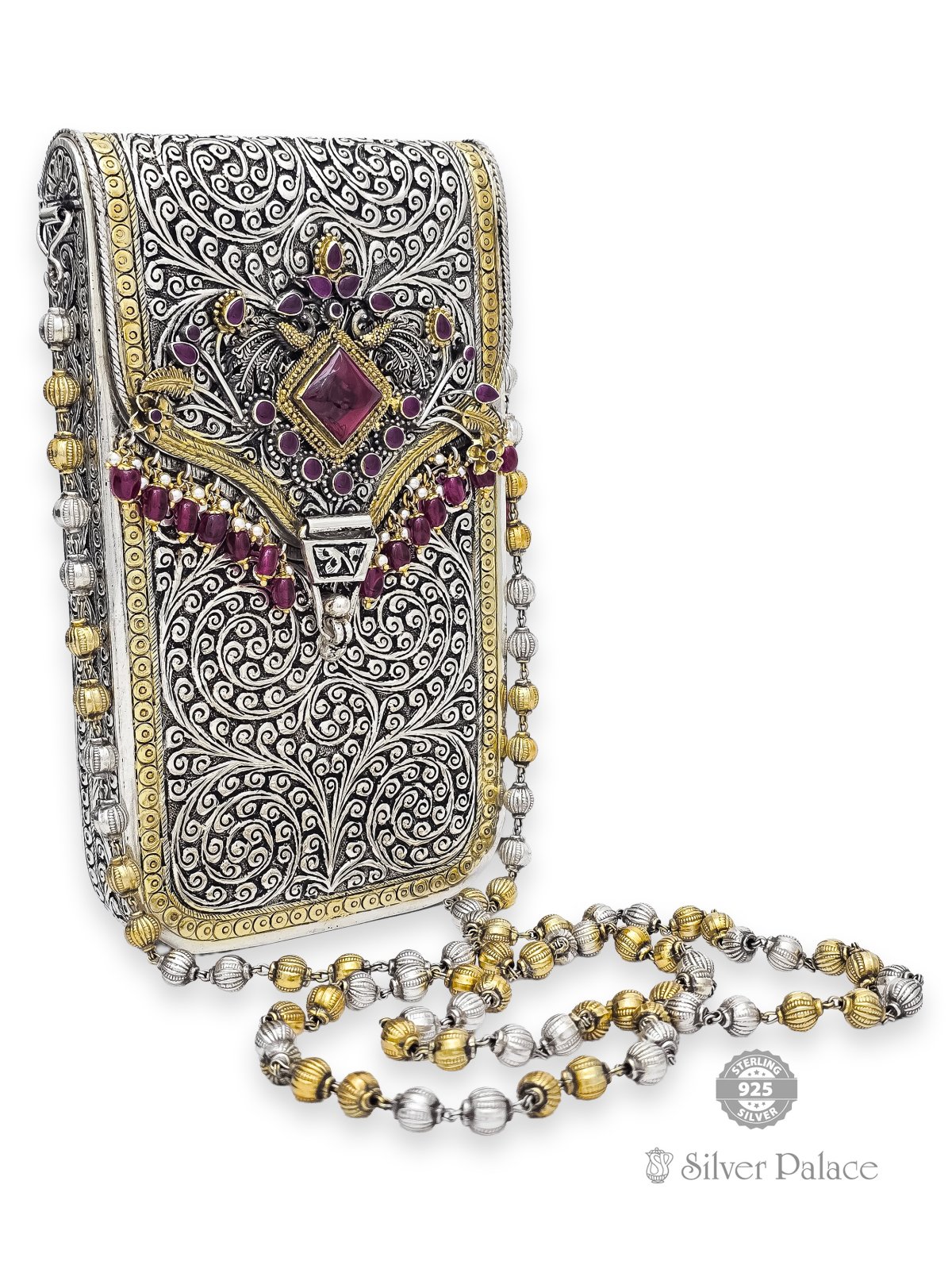 925 STERLING SILVER GOLD POLISHED NAGAS DESIGN PURSE FOR LADIES
