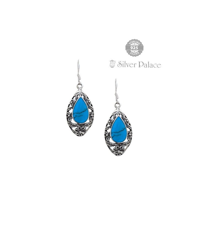 92.5 Oxidised Silver Marquise Blue Turquoise Stone Dangle Earrings For Function Uses