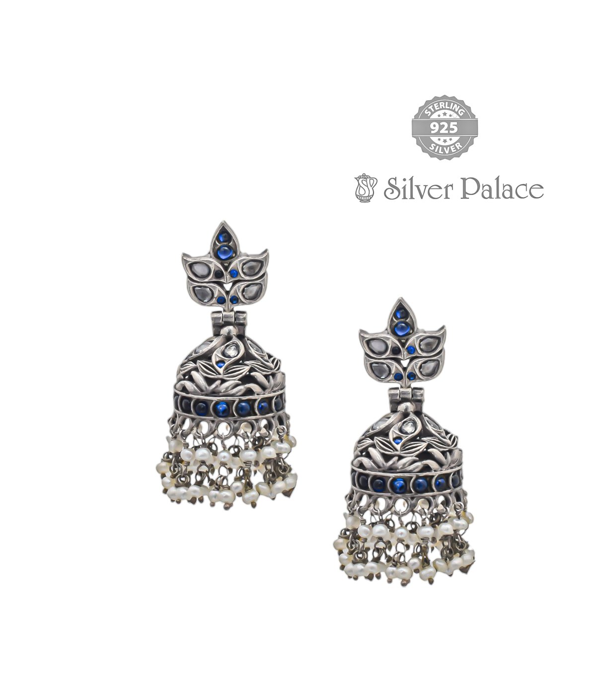 92.5 SILVER POLKI BLUE JHUMKI FOR PRINCESS