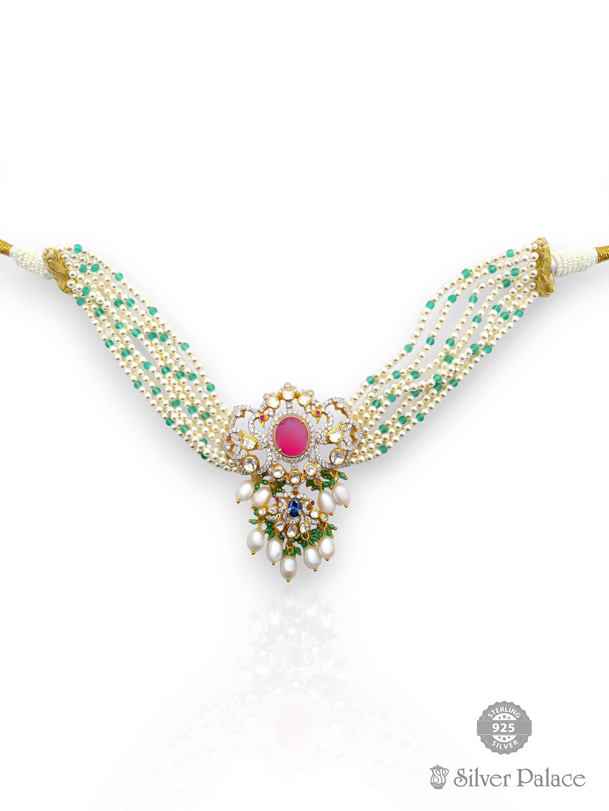 925 SILVER GOLD POLISHED PEACOCK DESIGN PENDANT WITH WHITE & GREEN BEADS NECKLACE FOR LADIES ANITE COLLECTION 