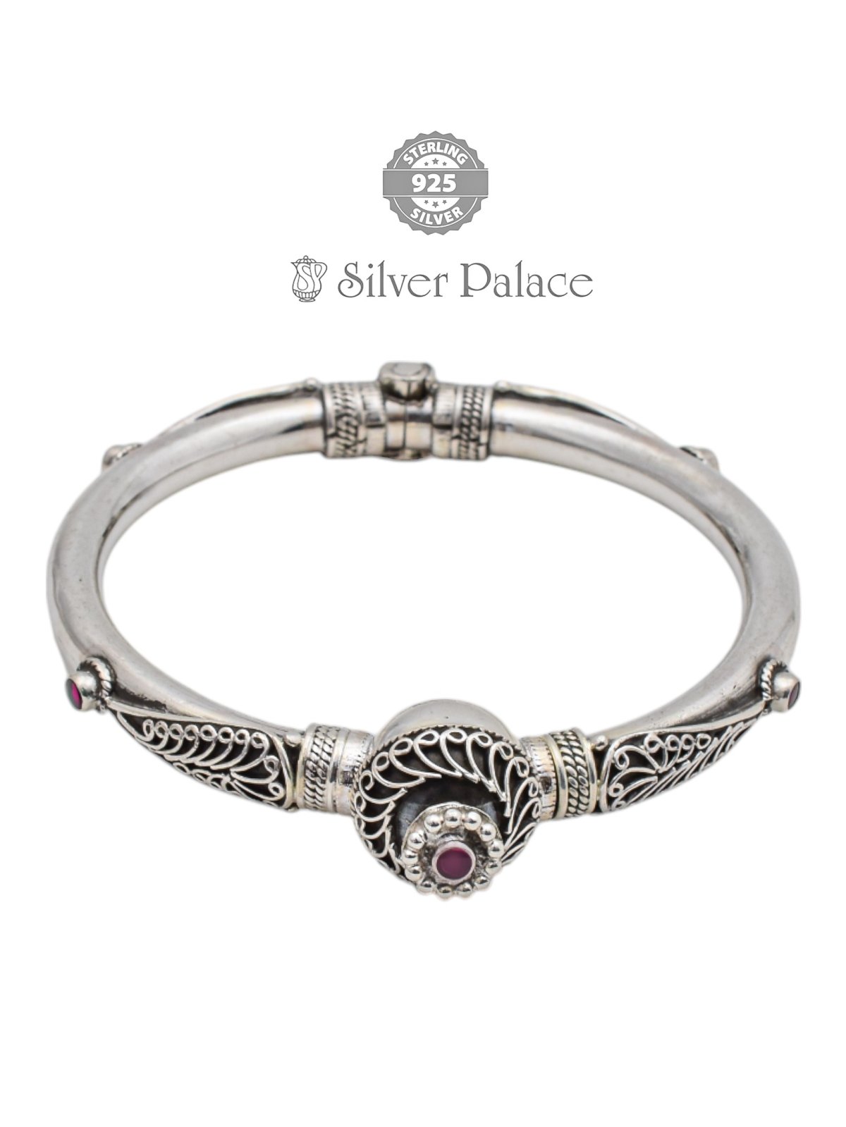 925 Oxidised Silver Pink Stone Filigree Kada For Women Mannj