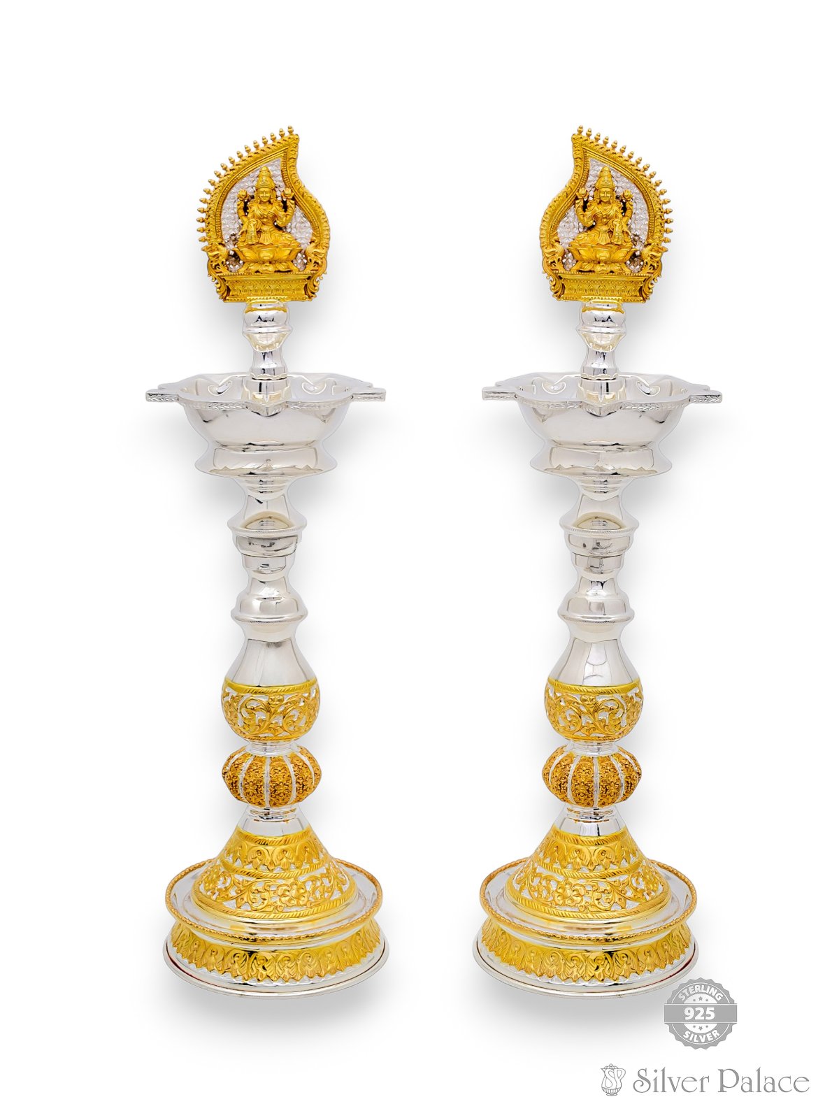 925 SILVER GOLD POLISHED LAKSHMI KUTHU VILAKKU FOR SPECIAL GIFTS & POOJA USE 