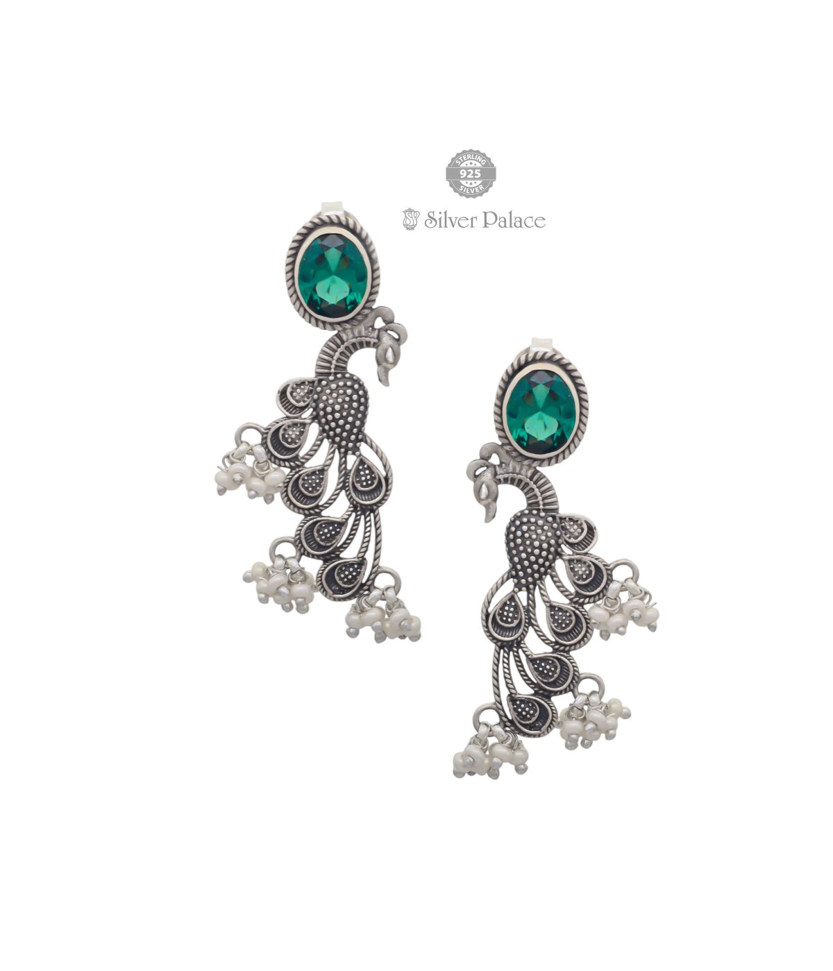 Ruch Collections 92.5 Silver green stone peacock contemporary earrings for women