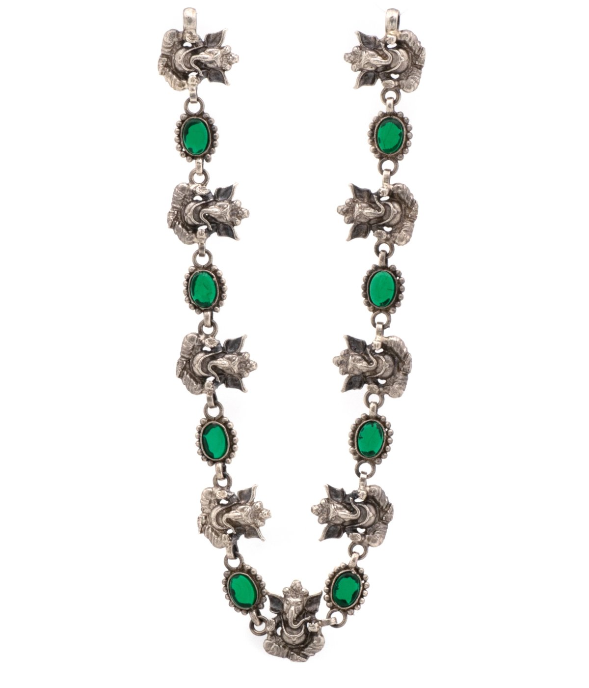 Stylish 92.5 Sterling Silver Oxidised necklace floral and vinayagar design with emerald stone