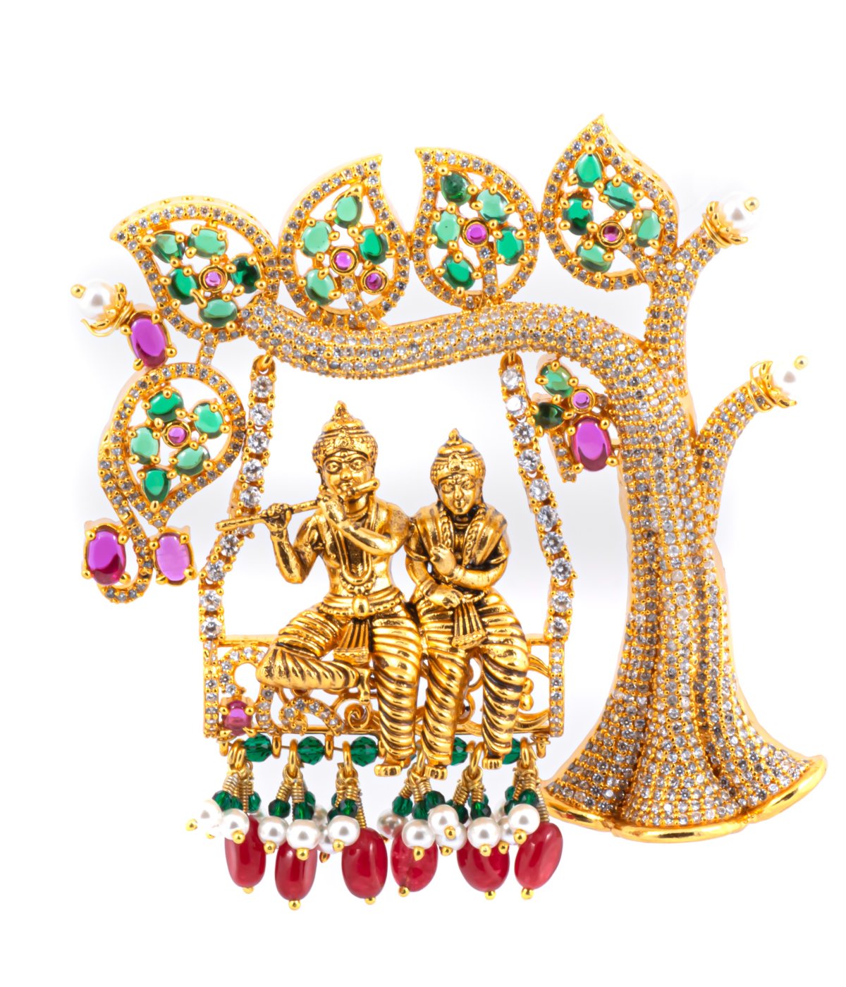 Lord Radha Krishna GOLD POLISH Finish Idol Religious Idol-Statue WITH GREEN STONE STUD 