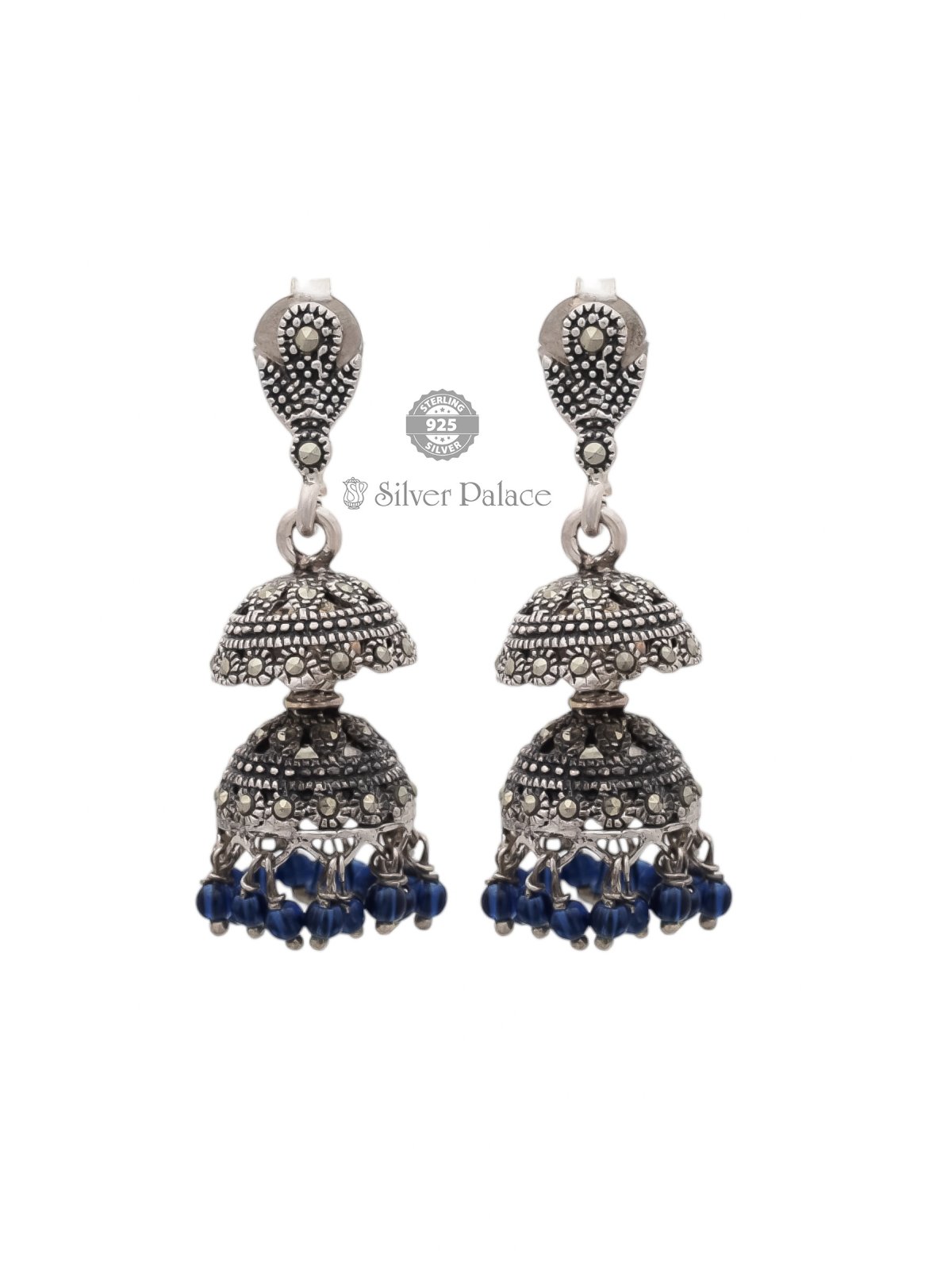 925 OXIDISED SILVER DOUBLE LAYER JHUMKAA WITH BLUE BEADS PRITE COLLECTION 