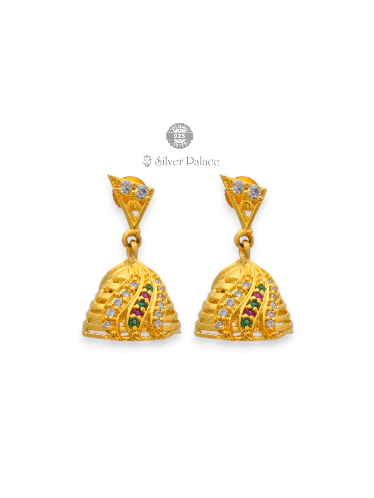 925 SILVER GOLD POLISH LEAF DESIGN WITH COLOUR FULL STONES JHUMKI FOR GIRLS ANITE COLLECTION 