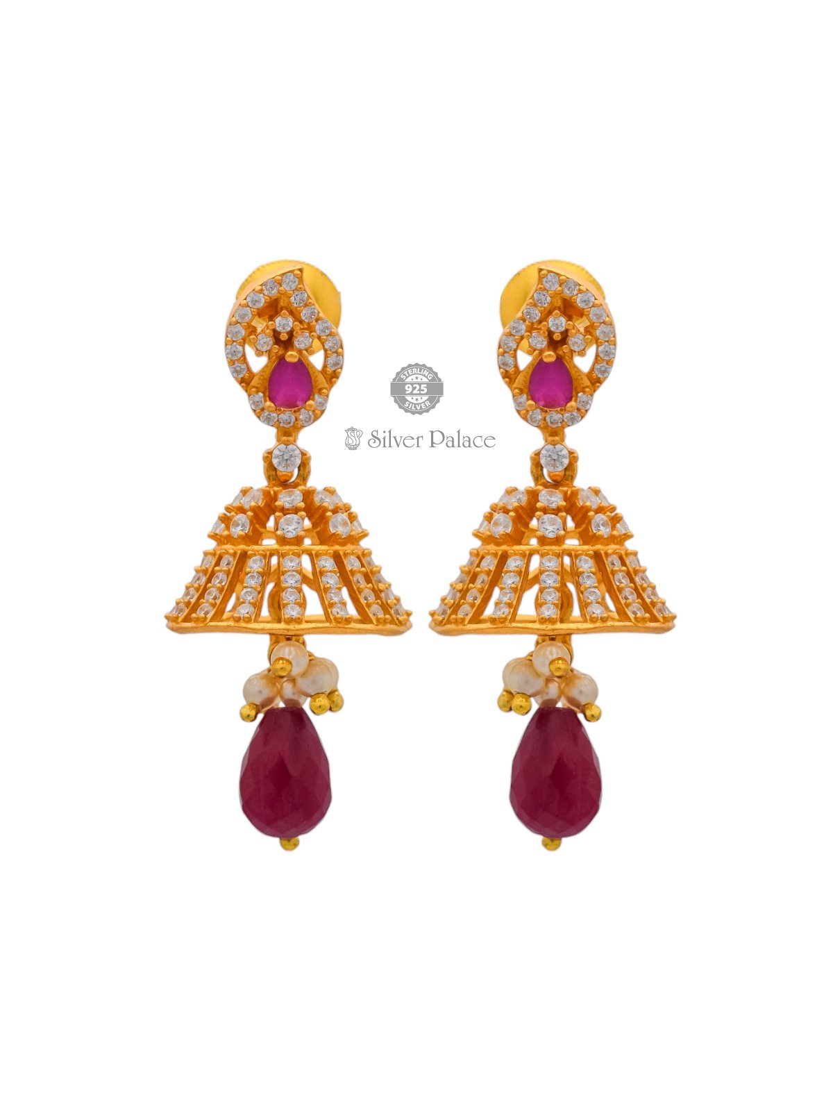 925 SILVER GOLD POLISH RED STONE HANGING JHUMKA FOR GIRLS ANITE COLLECTION 