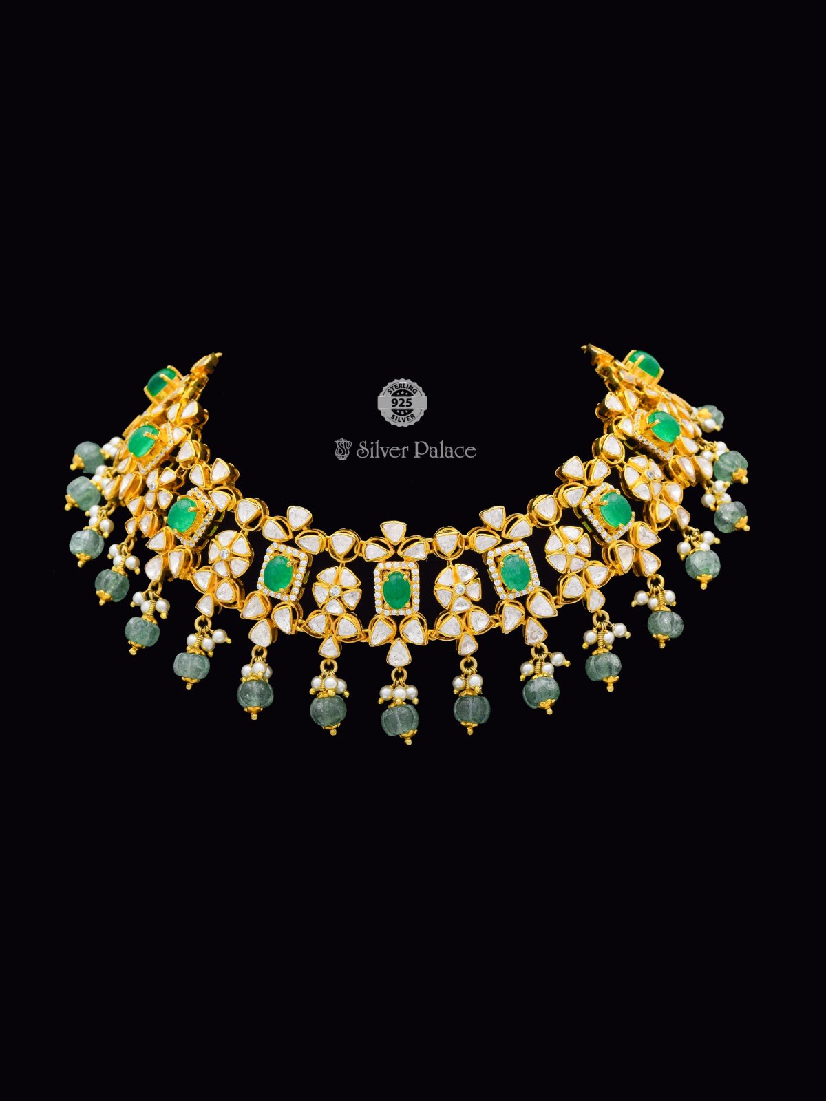 925 Sterling Silver Gold-Polished Emerald Kundan Chandbali Choker Necklace for women Anite Collection.