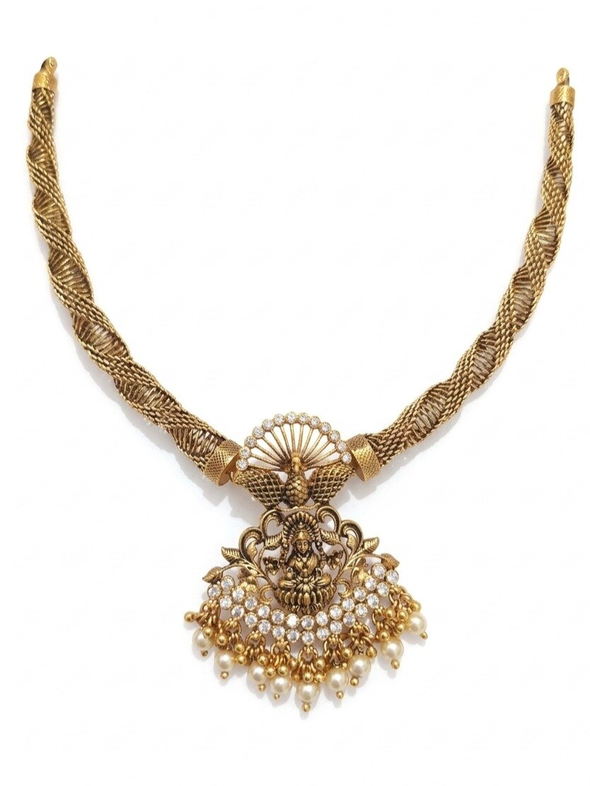 925 SILVER GOLD POLISH LAKSHMI MOTIF WITH WHITE STONES NECKLACE FOR WOMEN ANITE COLLECTION 