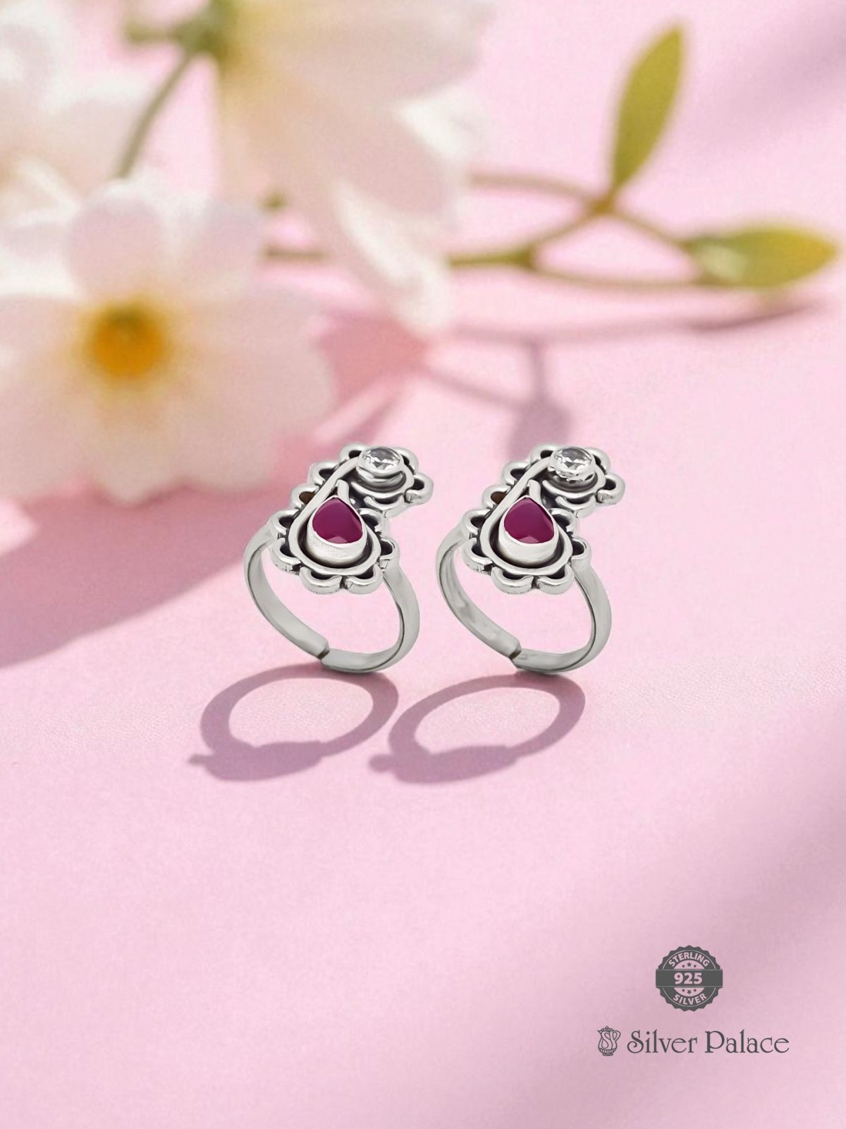 925 STERLING SILVER RED AND WHITE STONE TOE RING FOR LADIES NEETH COLLECTION 