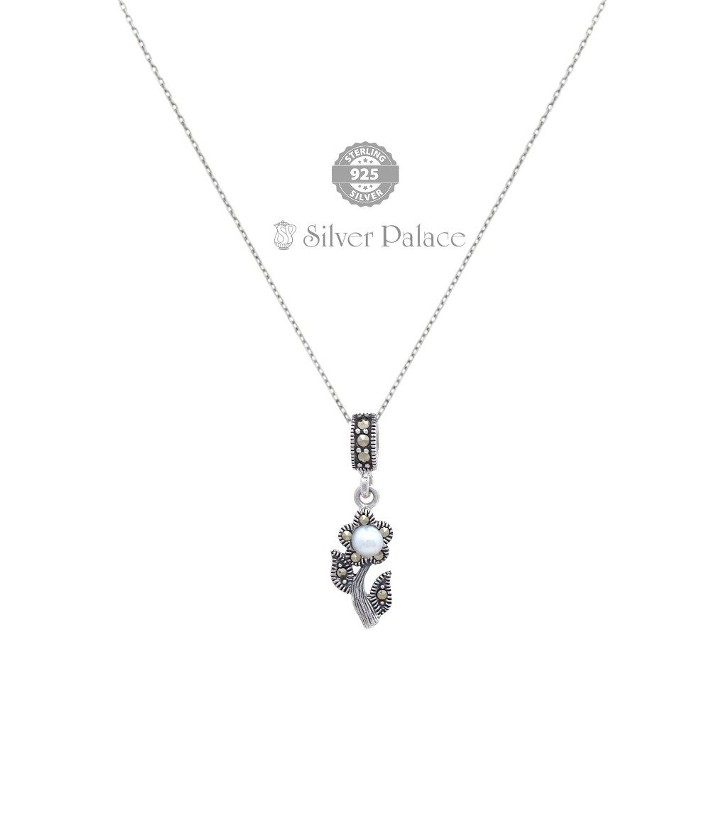 92.5 Oxidized Silver Prite Collections Pearl Studded With Marcasite Pendant set For Girls