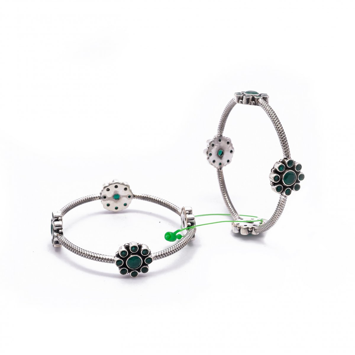 925 OXIDISED SILVER GREEN STONE BANGLE FOR GIRLS 