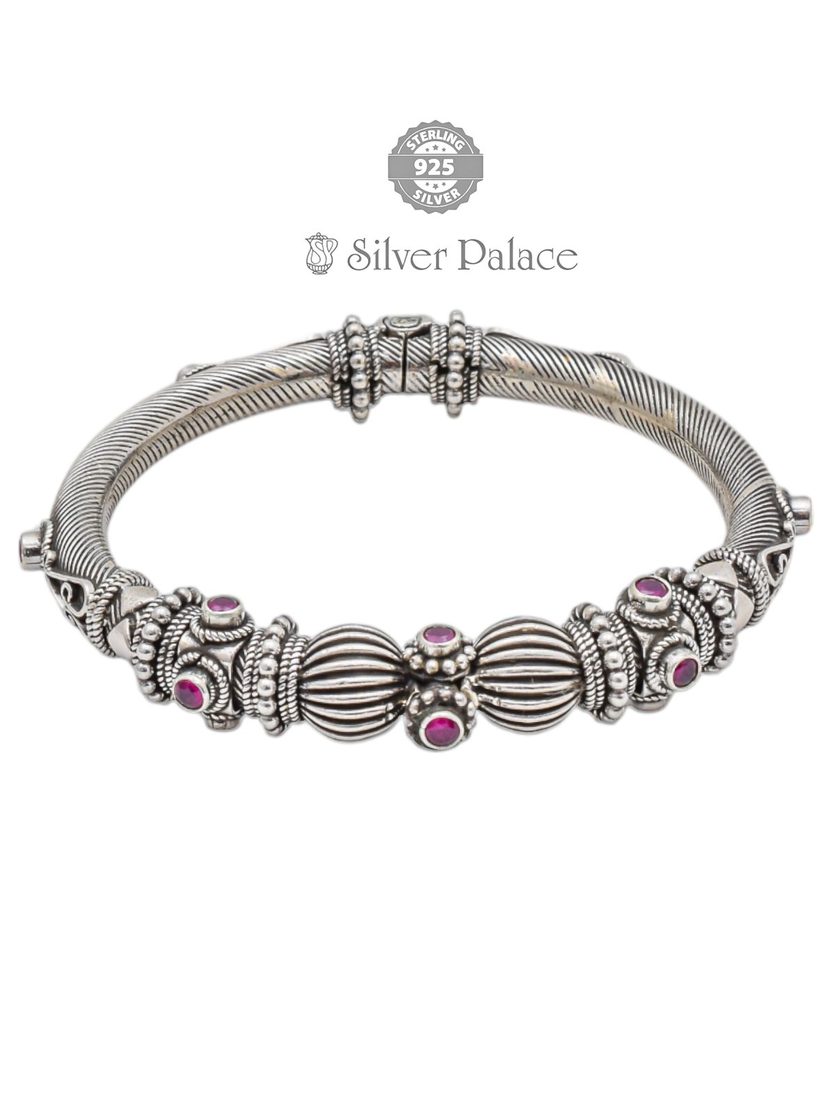 925 Silver Oxidized Antique Kada with Ruby Stones For Womens Mannj Collection