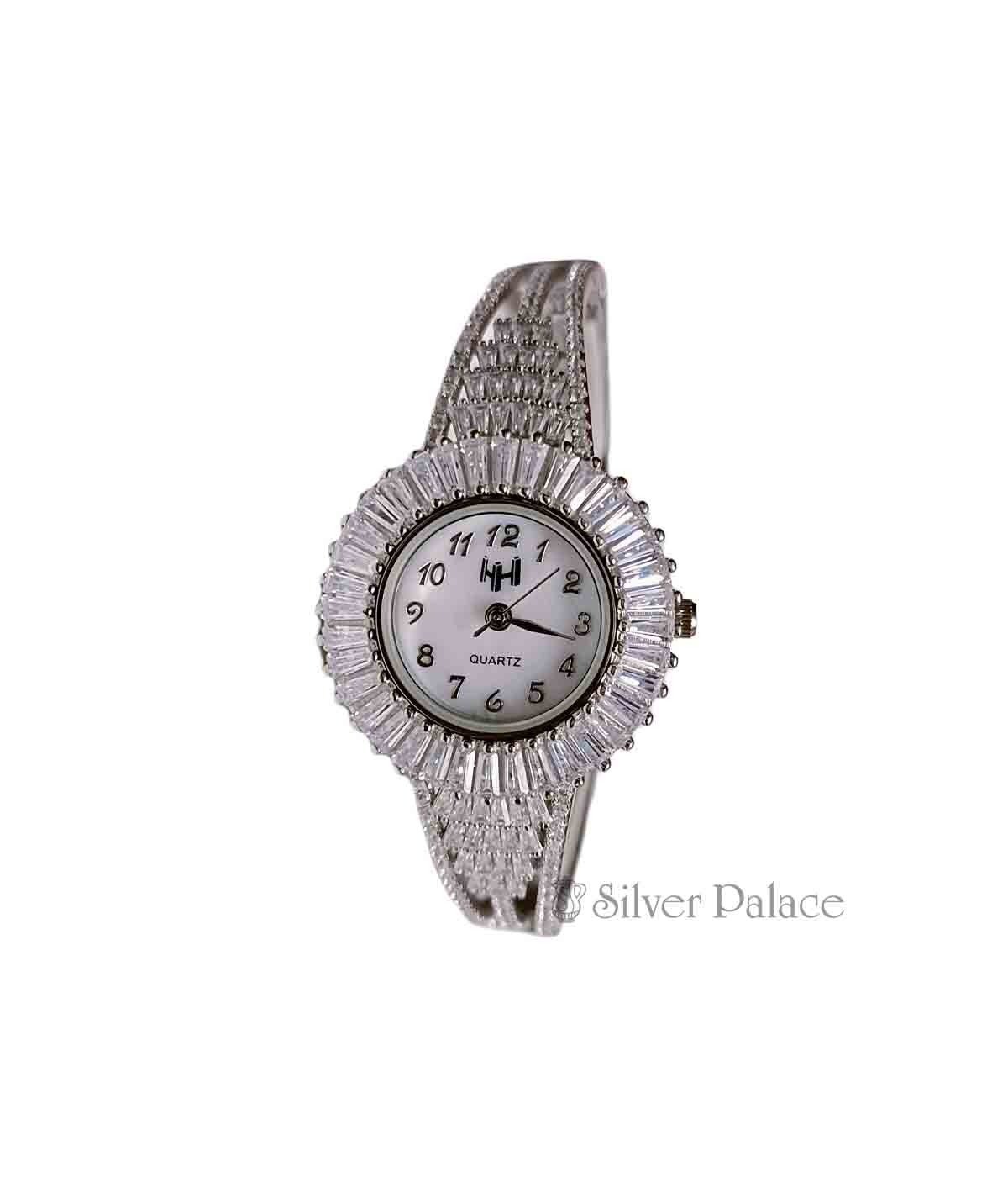 92.5 STERLING SILVER CUBIC ZIRCONIA STONE STUDED ADJUSTABLE STRAP WATCH