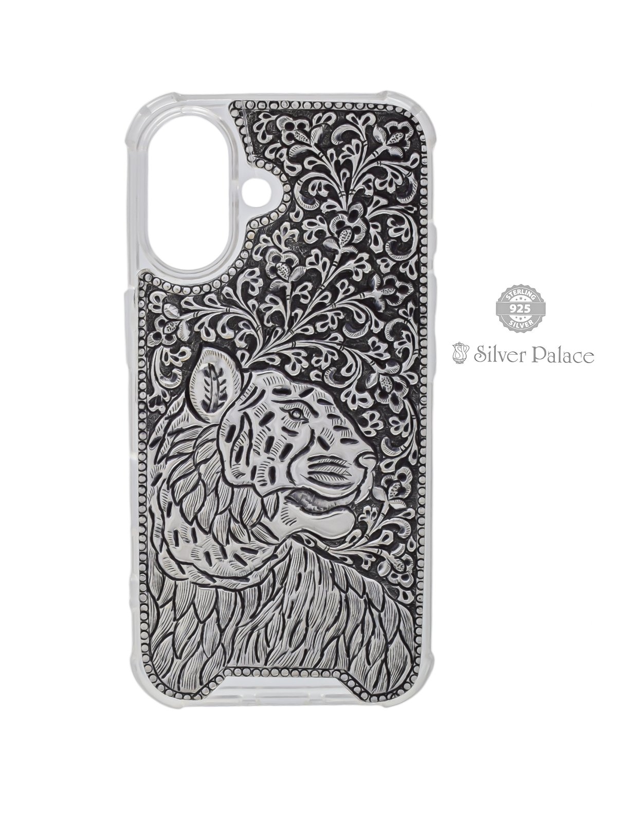 925 STERLING SILVER LION AND FLORAL ENGRAVED PHONE CASE FOR IPHONE 16