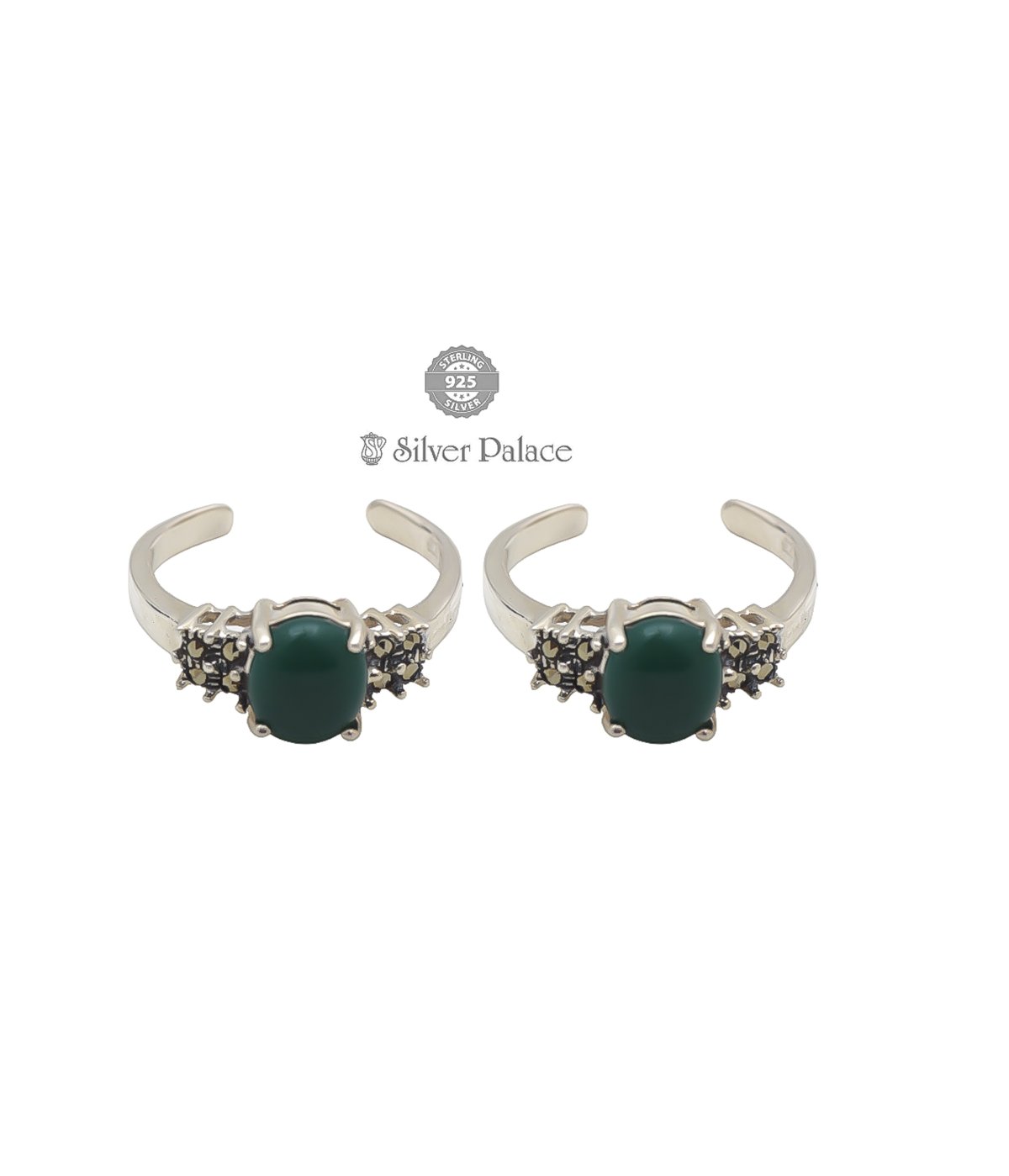 925 Sterling Silver TOE RING Embedded With Natural Green Agate & Marcasite Stones