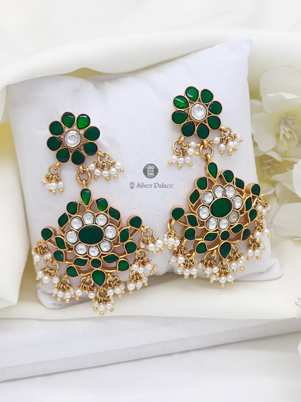 92.5 SILVER ANTIC GOLD POLISH GREEN STONE WITH JHUMKA EARRINGS FOR WOMEN ANITE COLLECTIONS
