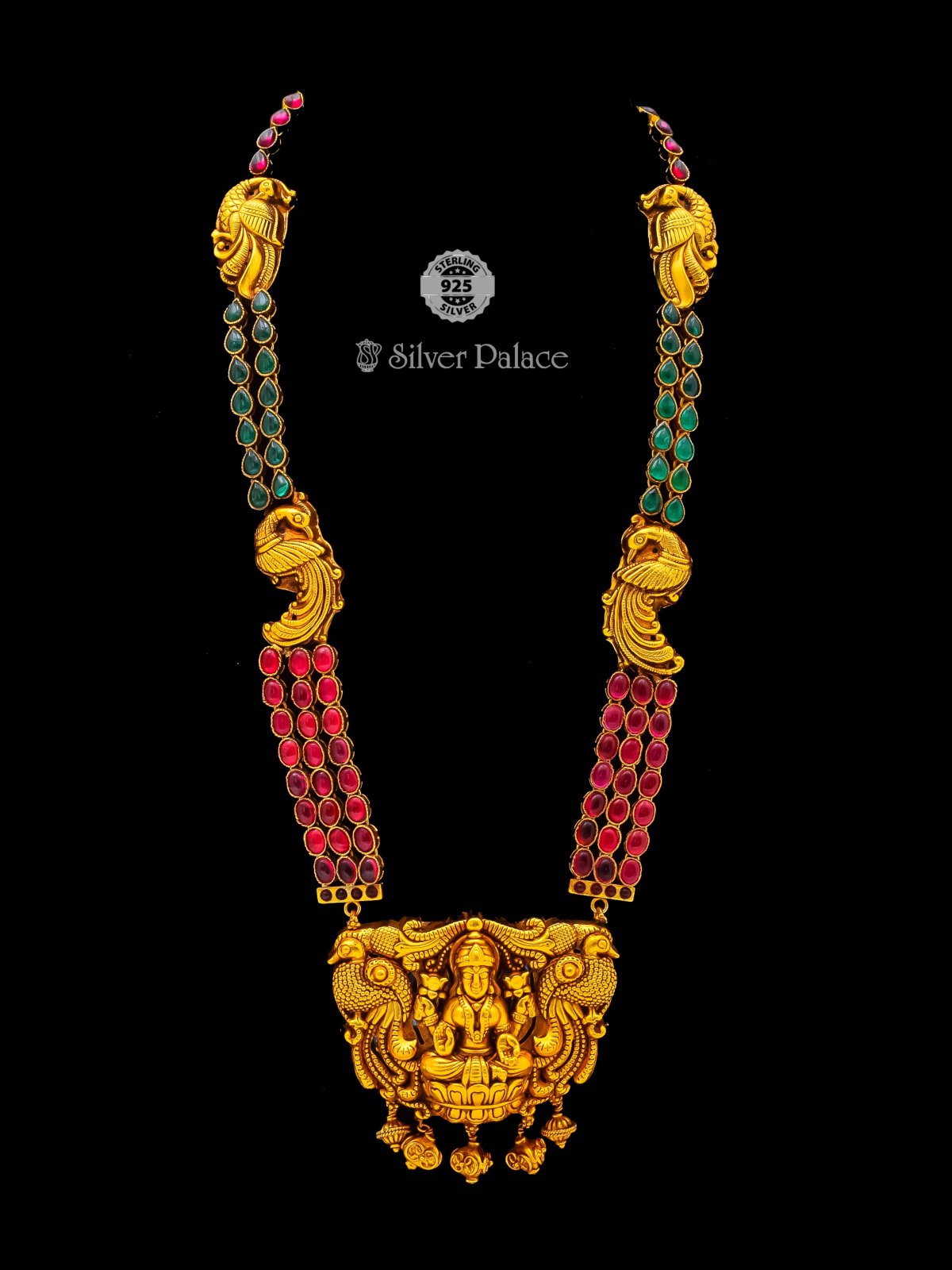 925 SILVER GOLD POLISH LAKSHMI AND PEACOCK DESIGN WITH RED AND GREEN STONE NECKLACE FOR WOMEN ANITE COLLECTION